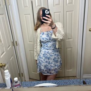 Floral Blue and White Dress with Cream Cardigan